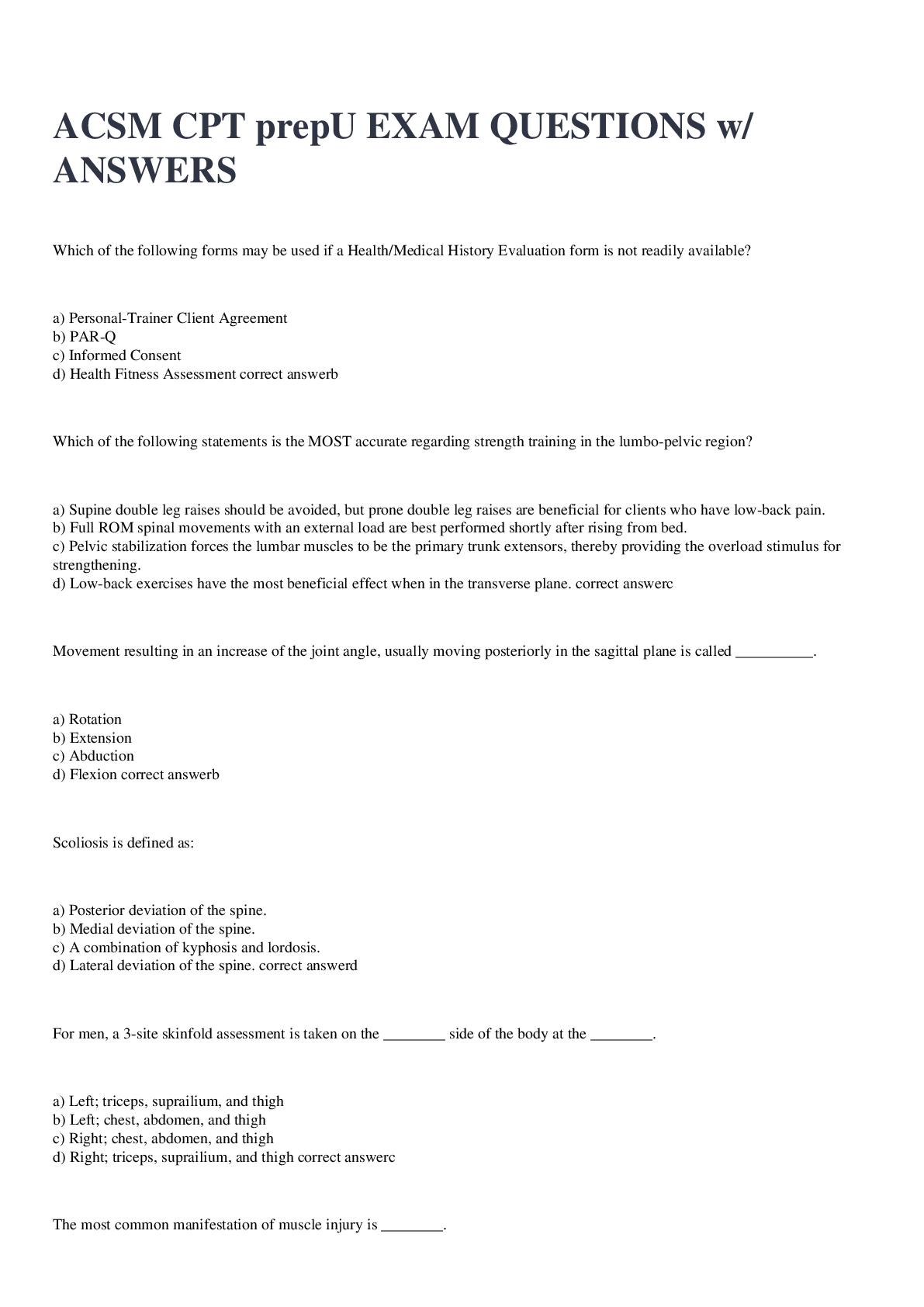 Preview image for ACSM CPT prepU EXAM QUESTIONS w/ ANSWERS